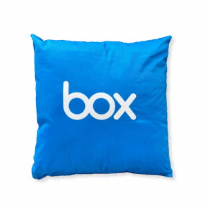 Box branded pink and blue cushion
